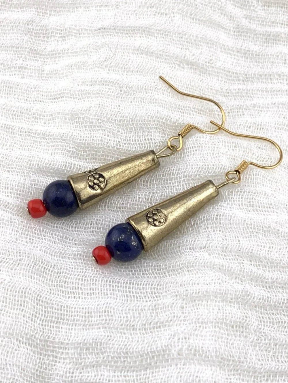 Blue Lapis Red Bead Brass Handmade Handcrafted Earrings LR160